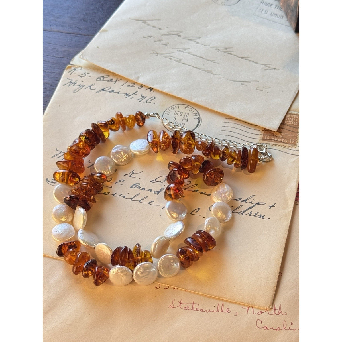 Amber Necklace Cultured Pearl Coin Nugget Beads Silvertone Lobster Clasp 22”