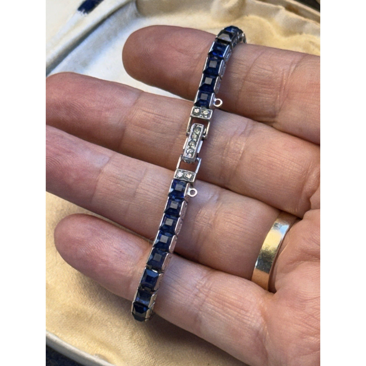 OTIS Bracelet Sterling Silver Art Deco Blue Stone Signed Vintage 6.75”