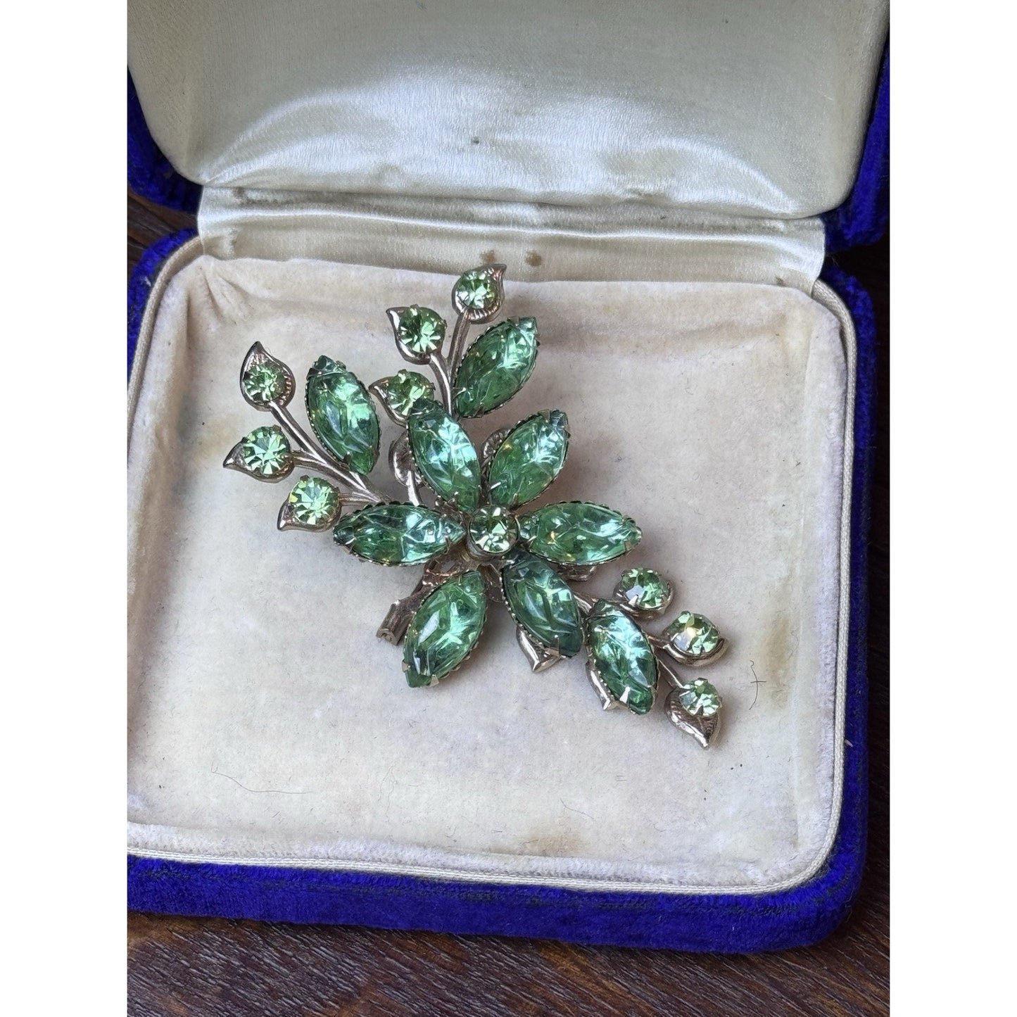 Green Brooch Lucite Rhinestone Goldtone Floral Spray Pin 2.75” VINTAGE