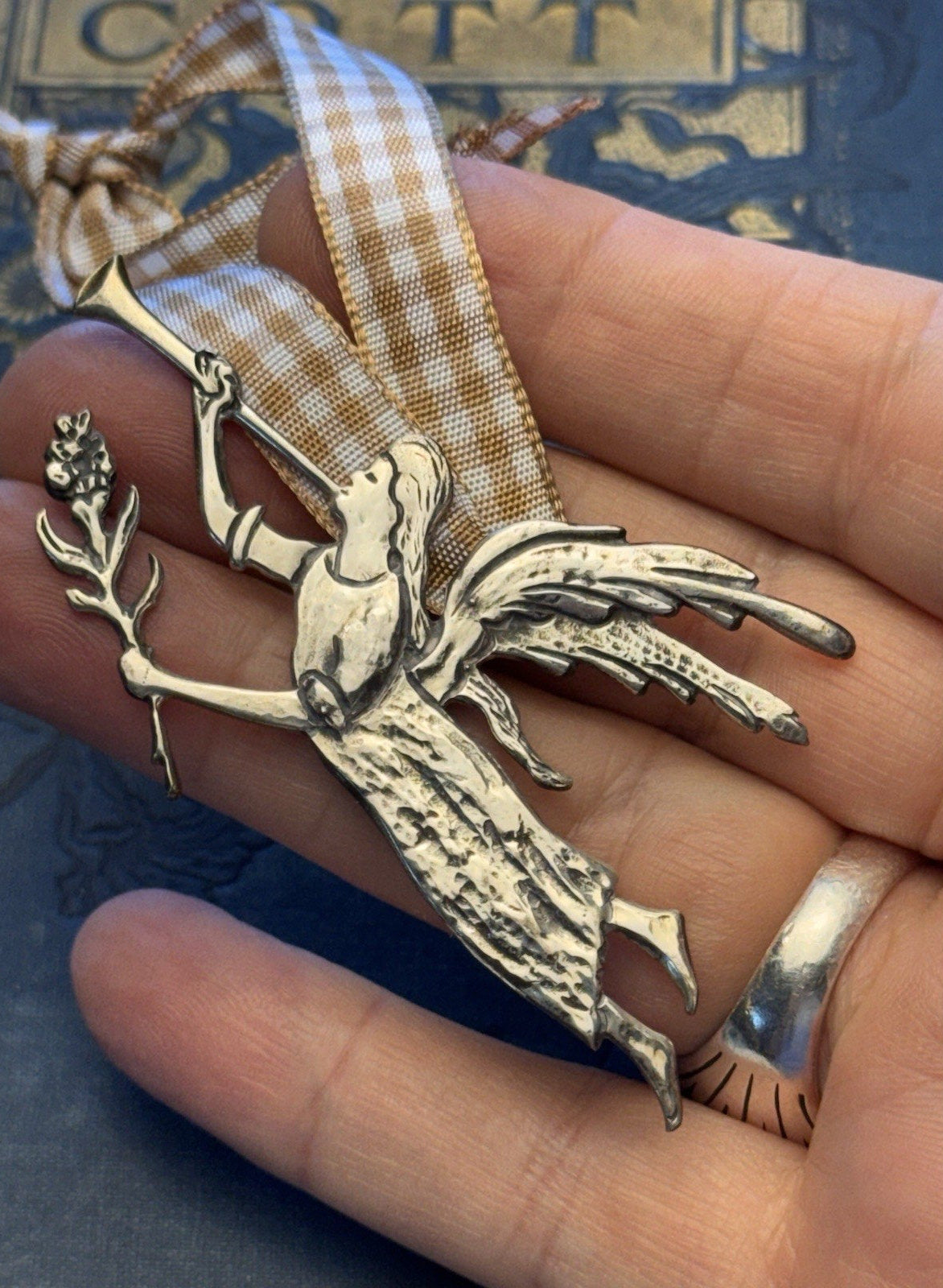 Sterling Silver Angel Ornament Schwarzschild Christmas Trumpet Vintage 3” x 1.5”