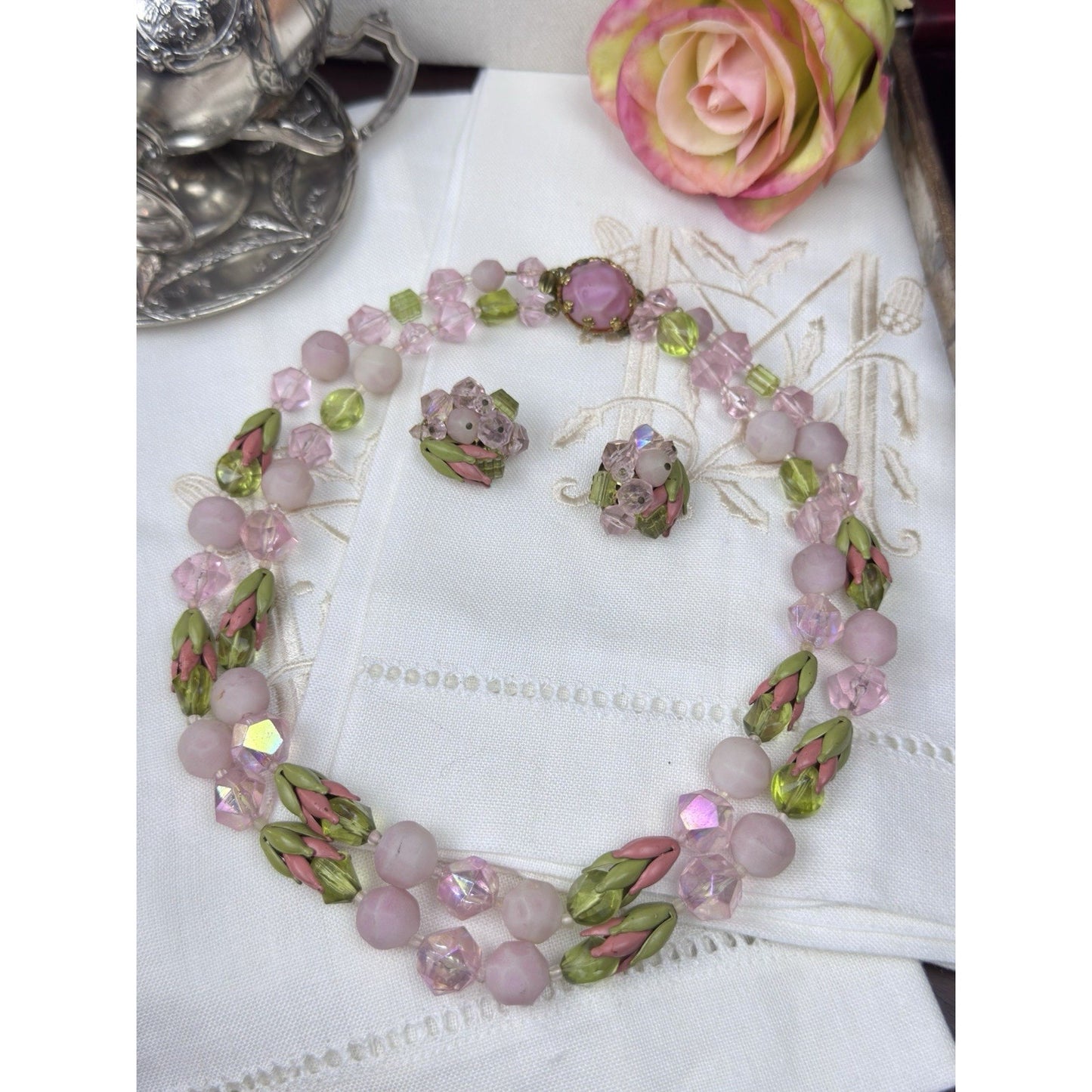 Vintage Pink Green Glass Bead Necklace Clip Earrings Set