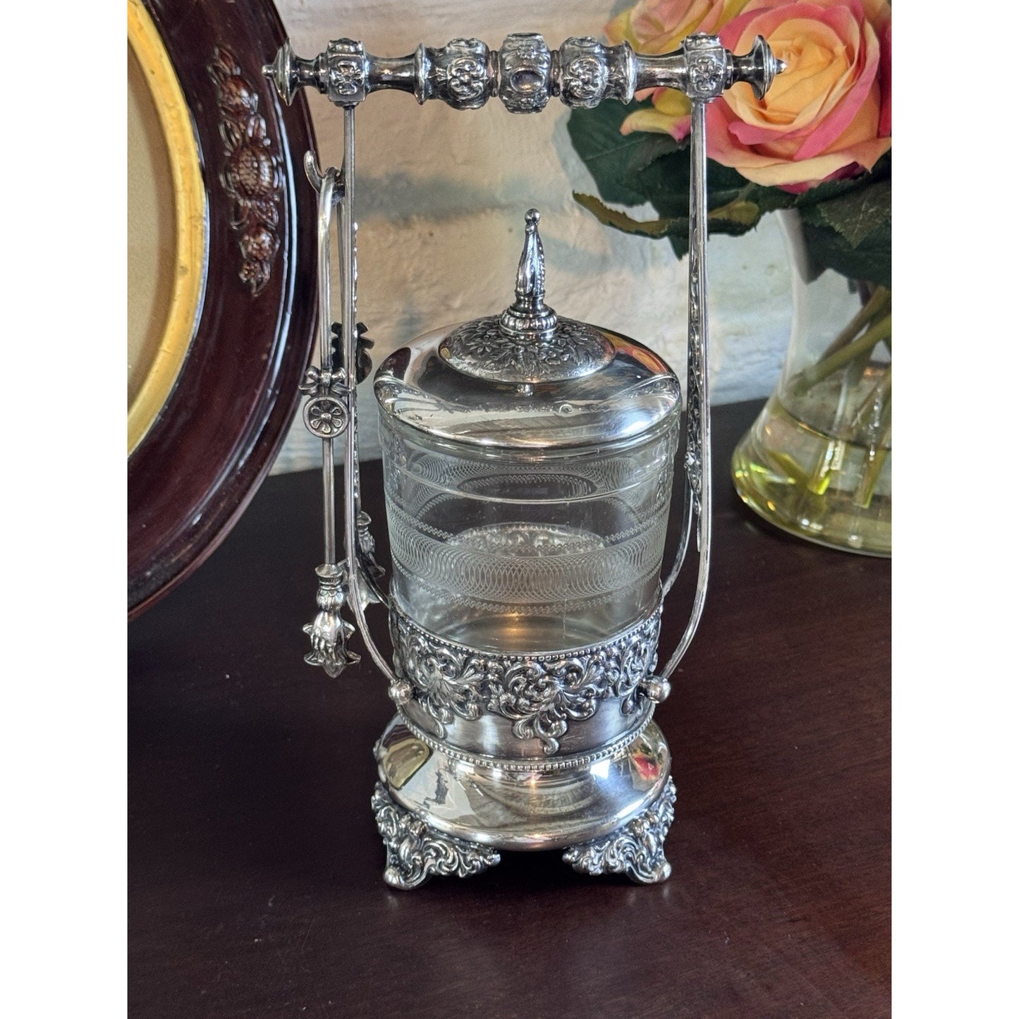 Antique Pickle Castor Forbes Silver Co Quadruple Plate Glass Jar & Tongs