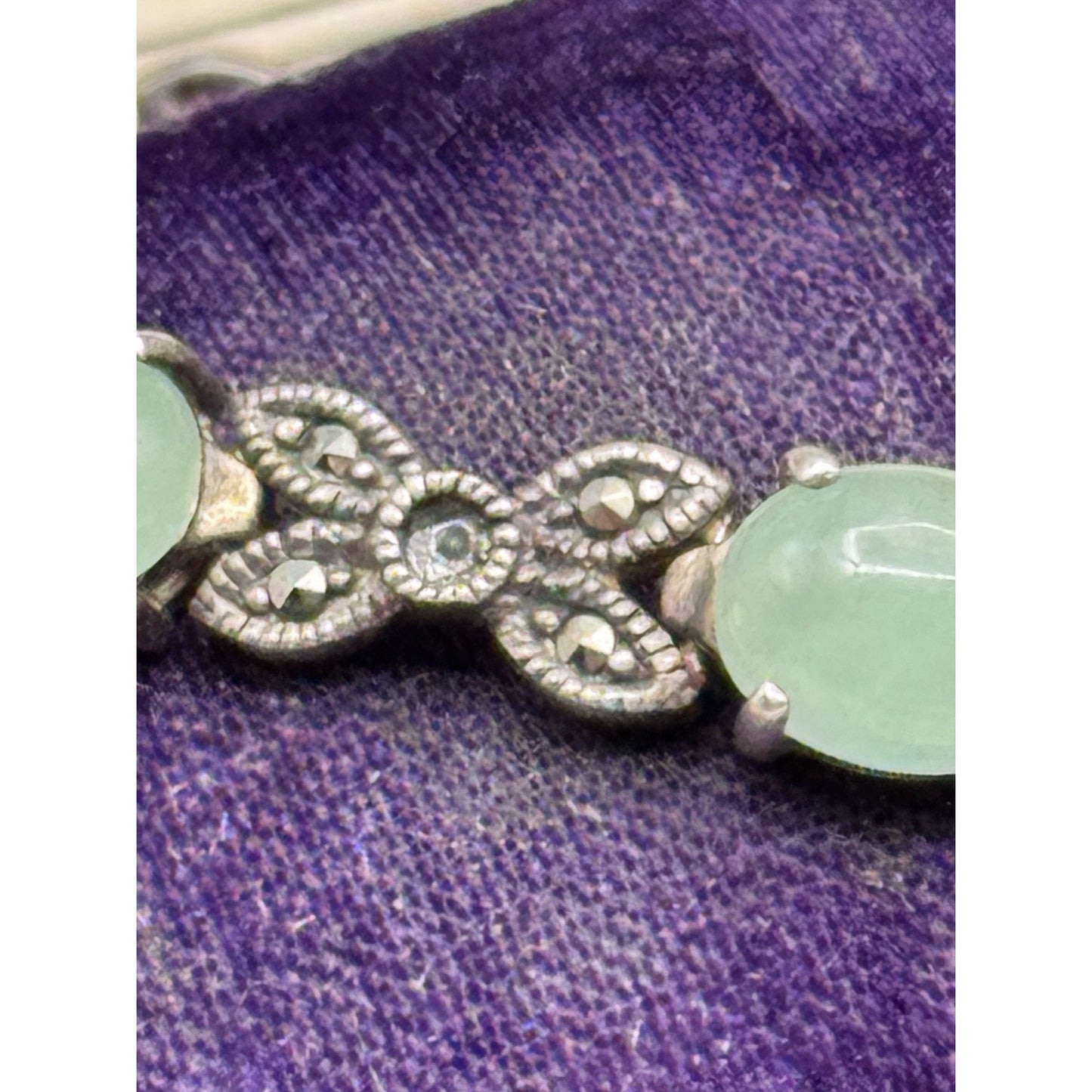 Sterling Bracelet Marcasite Green Cabochon Link 7.75” MISSING Marcasite‼️