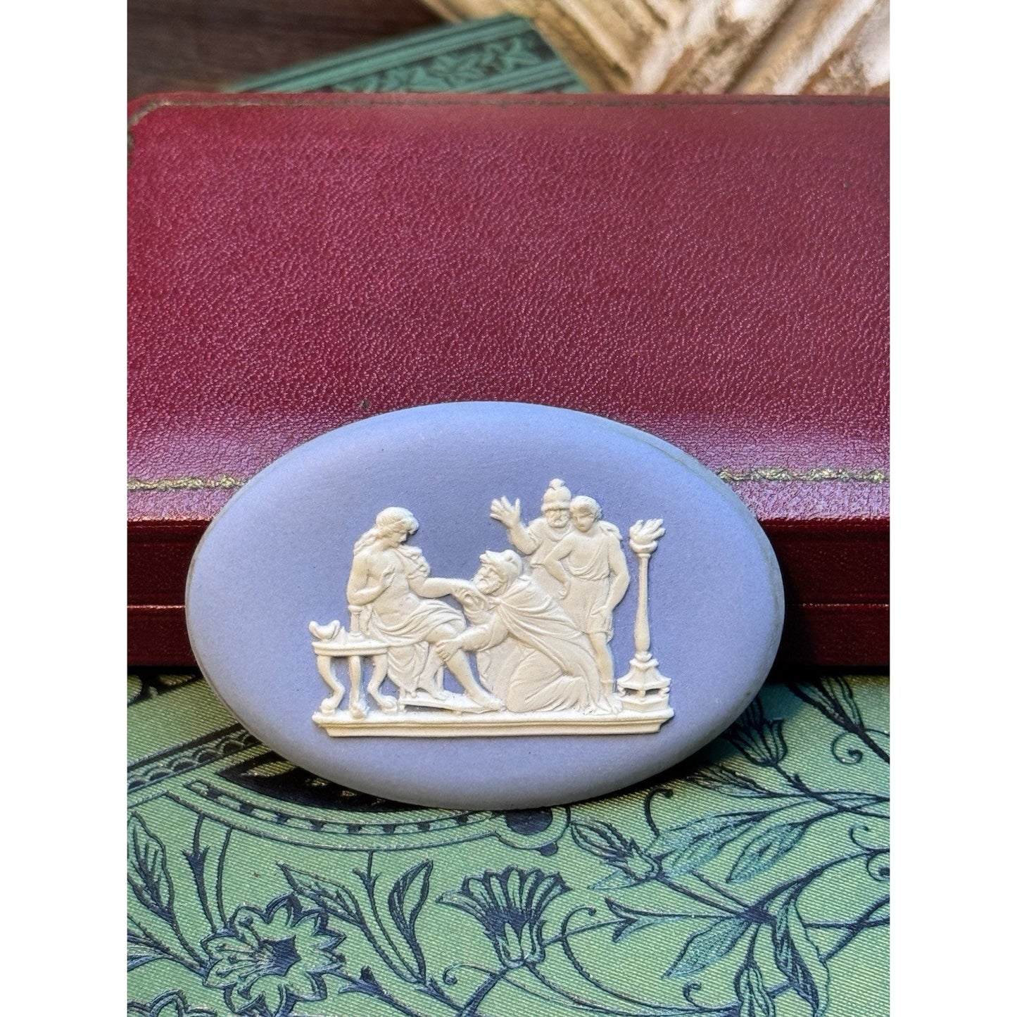 Wedgwood Jasperware Plaque Brooch Blue White Classical Scene 2” 1951
