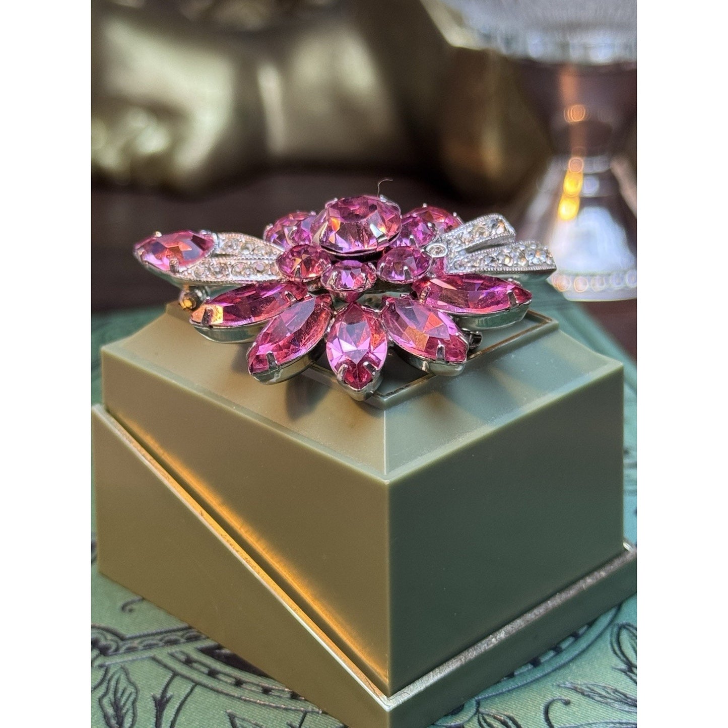 Eisenberg Ice Pink Rhinestone Floral Brooch Silver Tone Vintage Signed 2.5”