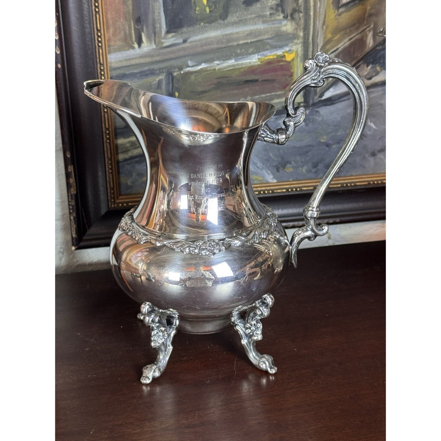 Silverplate Pitcher Footed Ornate Presentation Ewer Engraved 1972 10”h