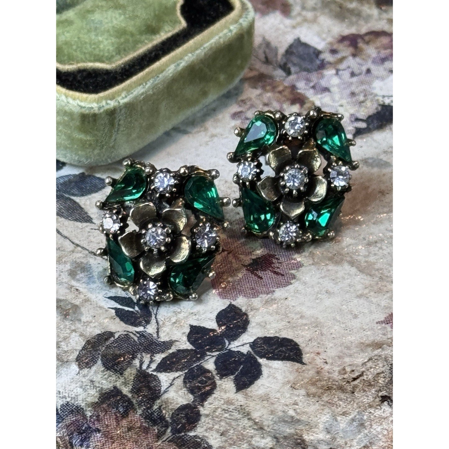 Vintage Rhinestone Clip Earrings Green Flower Floral Statement .75”