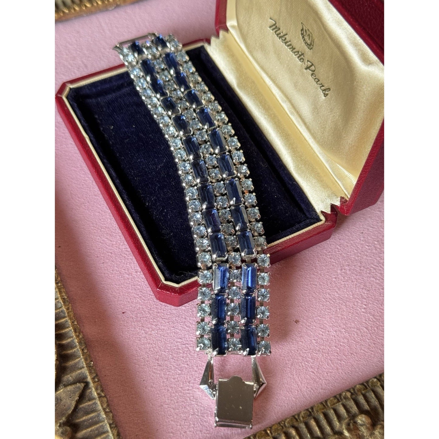Vintage Bracelet Blue Rhinestone 5 Rows-3 Ice Blue 2 Dark Blue Silvertone 6”