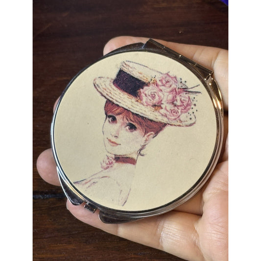 Vintage Silvertone Pocket Mirror Victorian Lady Floral Hat Double 3” x 2.75”