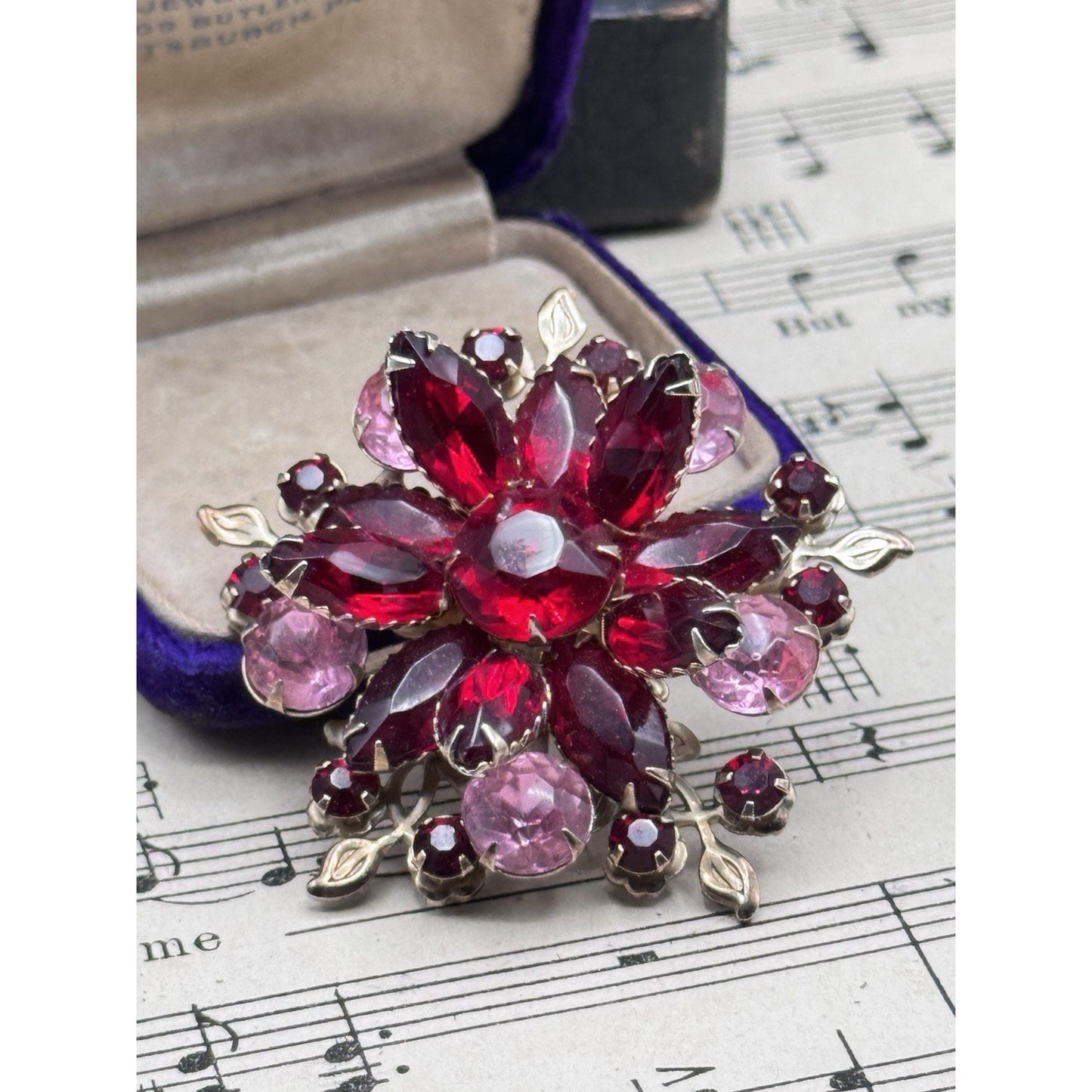 Vintage Red Pink Rhinestone Floral Brooch Silvertone Layered Flower Pin 2”