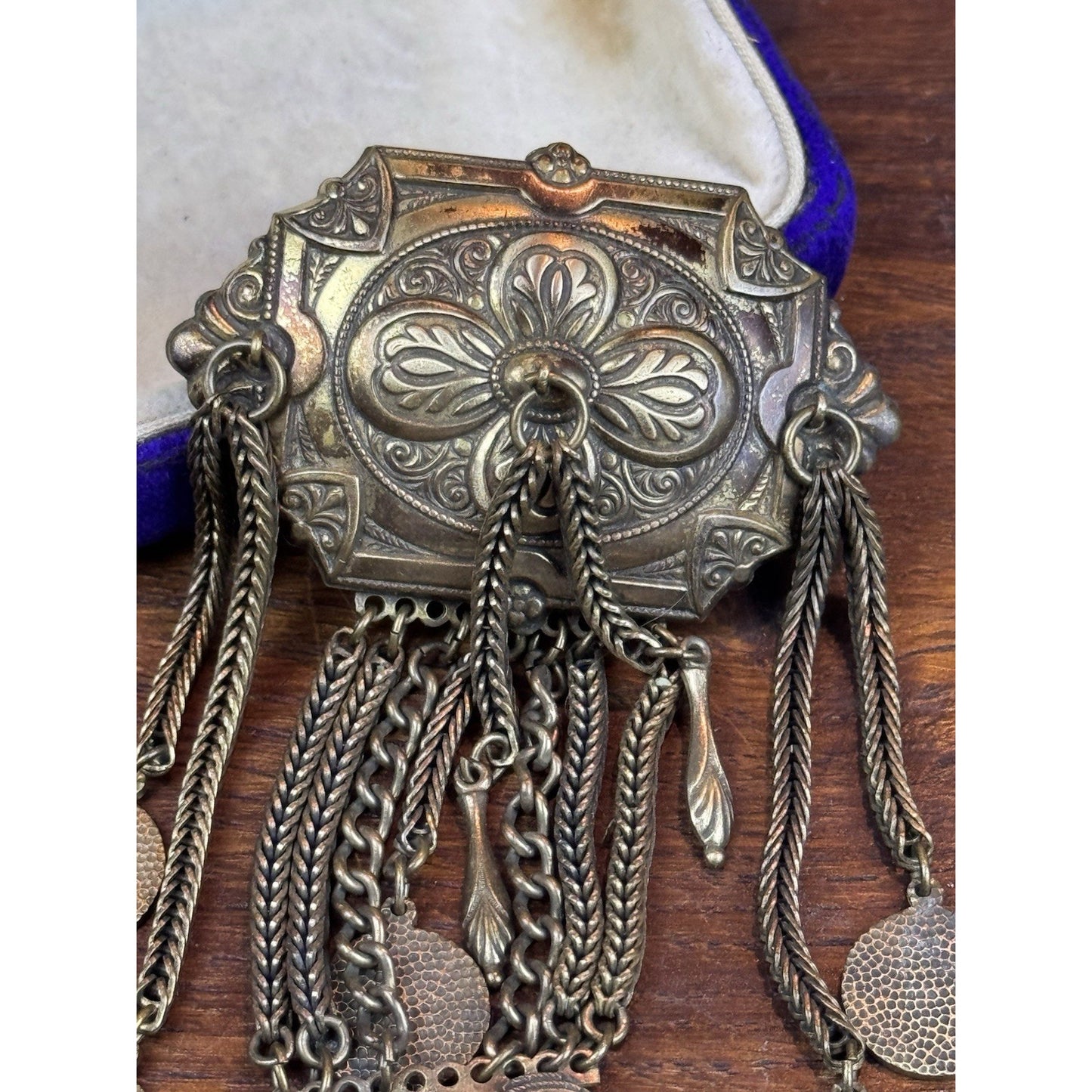 Vintage Chatelaine Brooch Brass Tone Ornate Victorian Revival Dangle Tassel