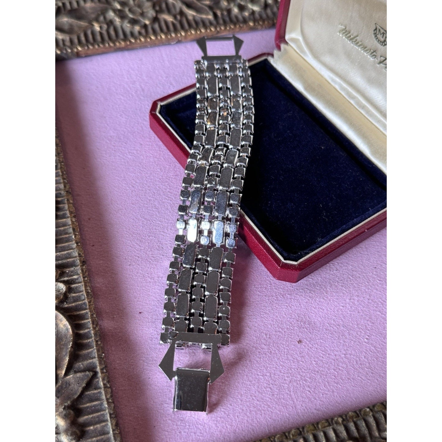 Vintage Bracelet Blue Rhinestone 5 Rows-3 Ice Blue 2 Dark Blue Silvertone 6”