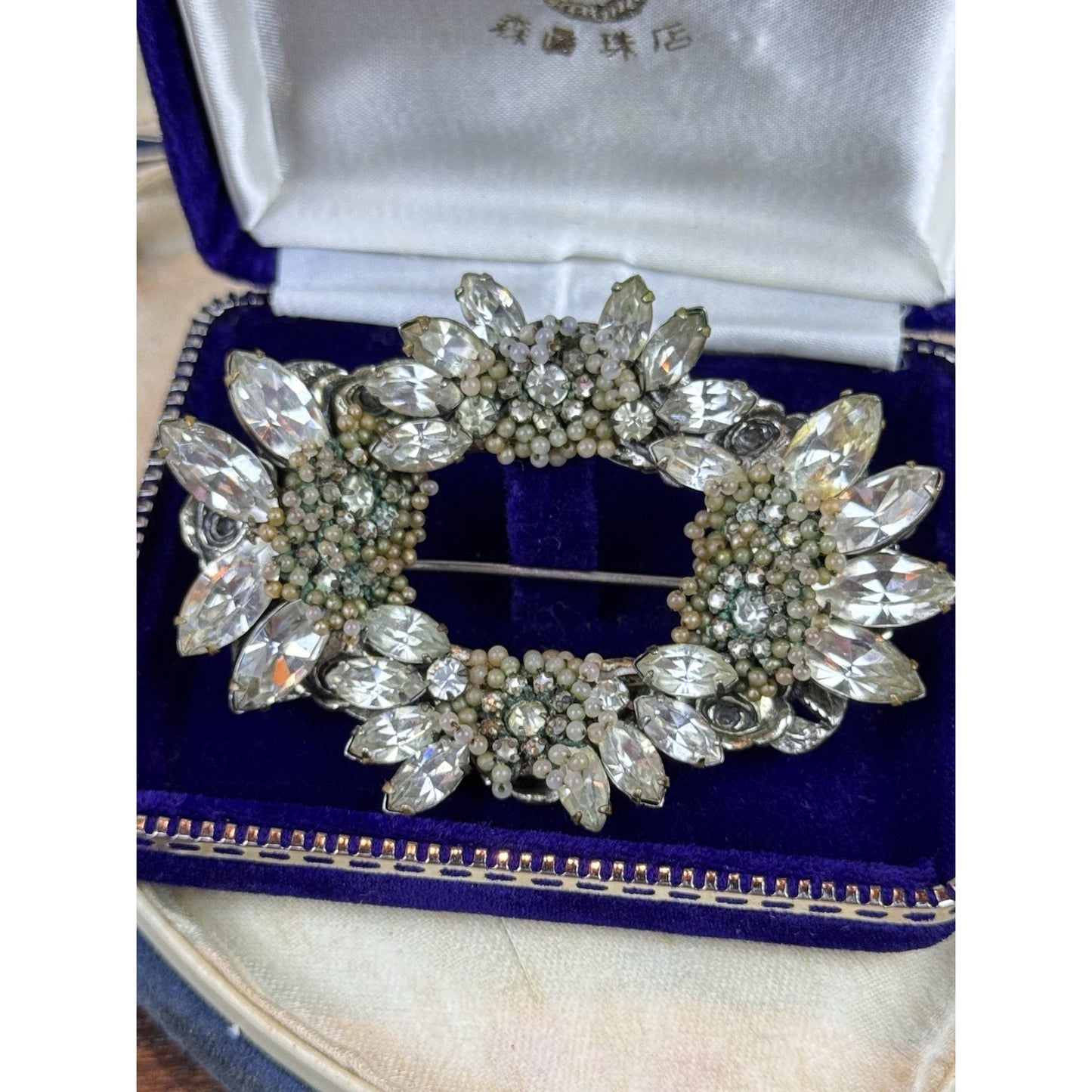 VTG Miriam Haskell Brooch Rhinestone Seed Pearl Floral Wreath Signed 3” READ‼️