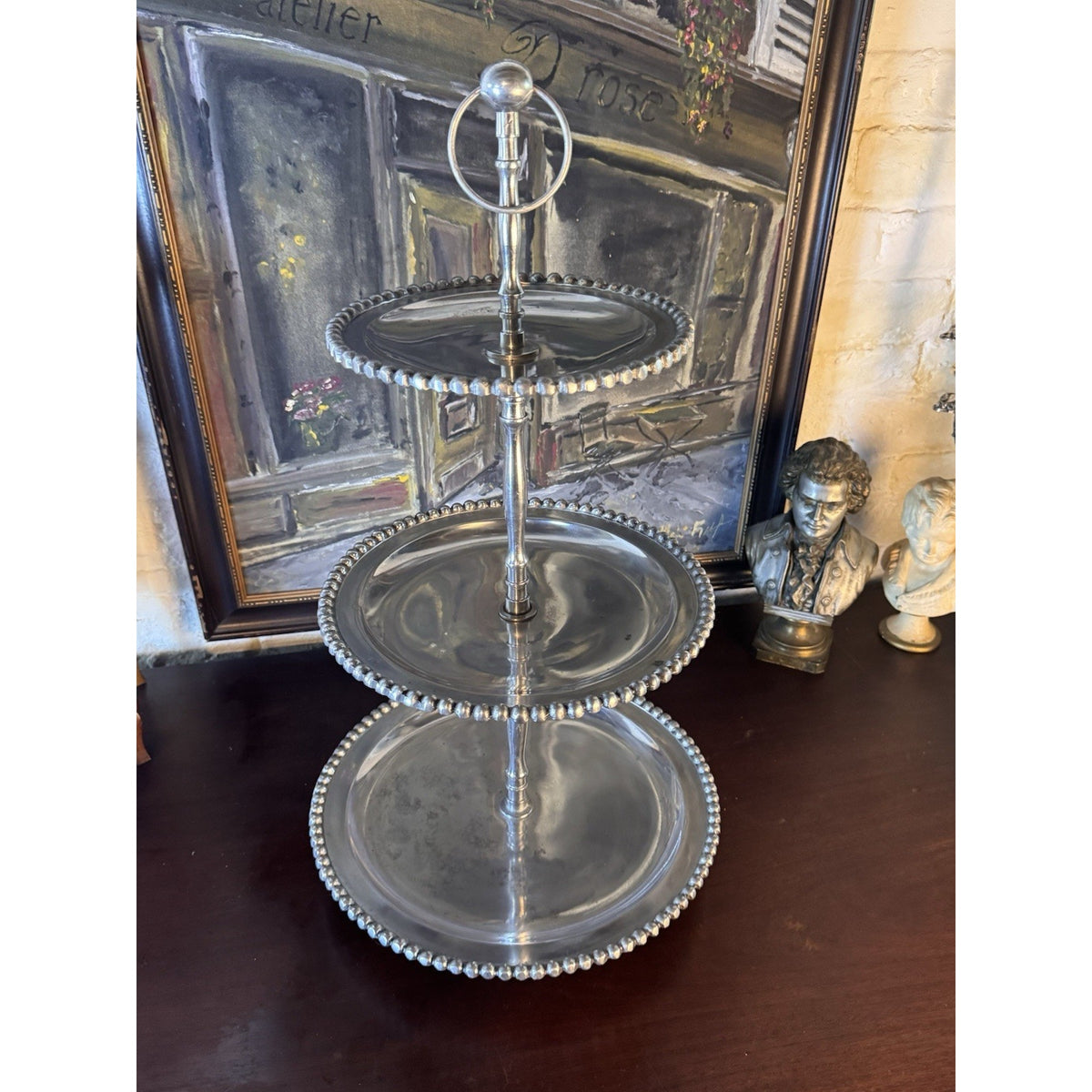 Three Tier Serving Stand Silvertone Beaded Edge Centerpiece Display 26”
