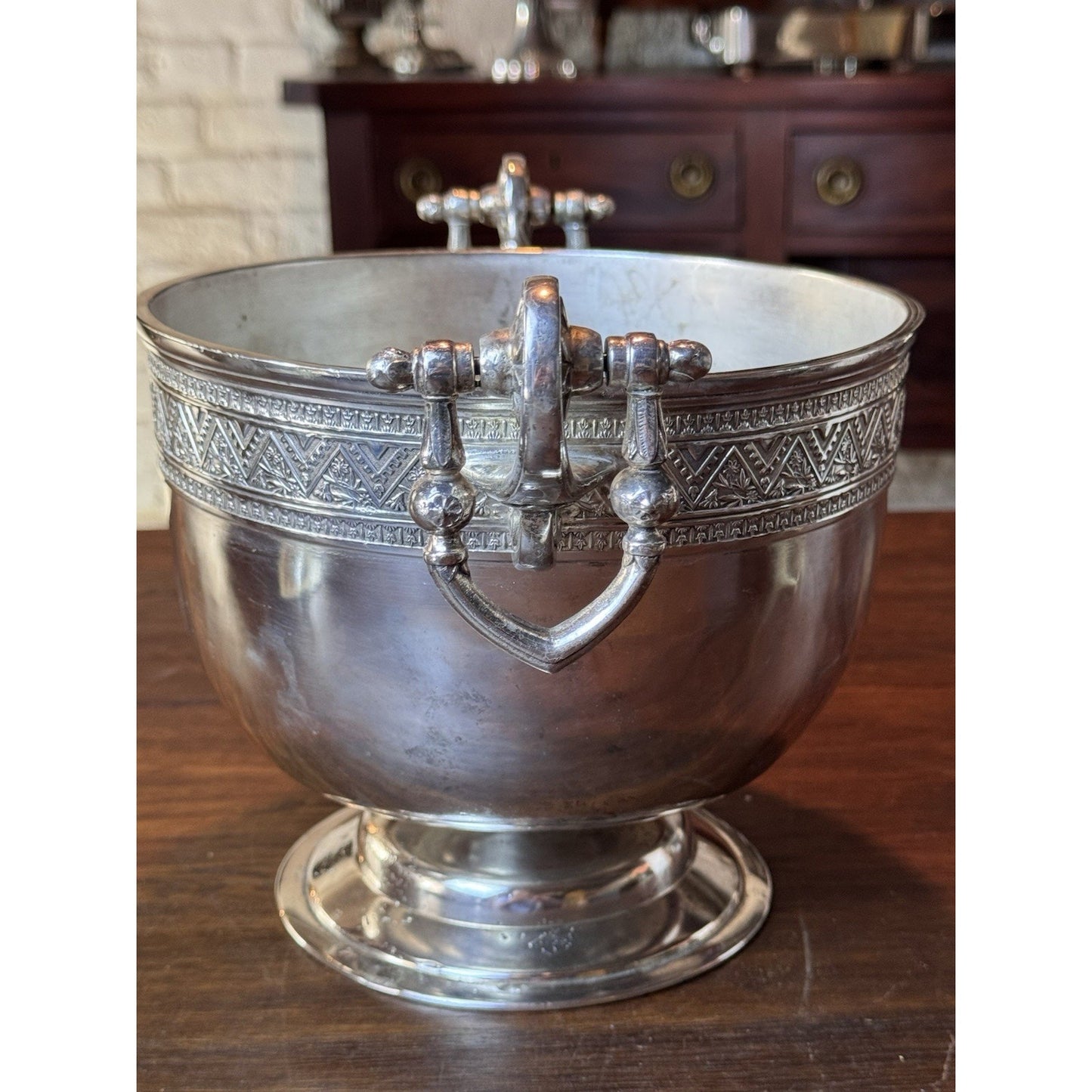 Antique Silver-plate Wine Cooler Champagne Bucket Neoclassical Footed Urn Planter Handles 13.25”