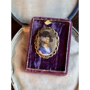 Lady Portrait Brooch VINTAGE Blue Dress Feather Hat Goldtone Oval Frame 2”