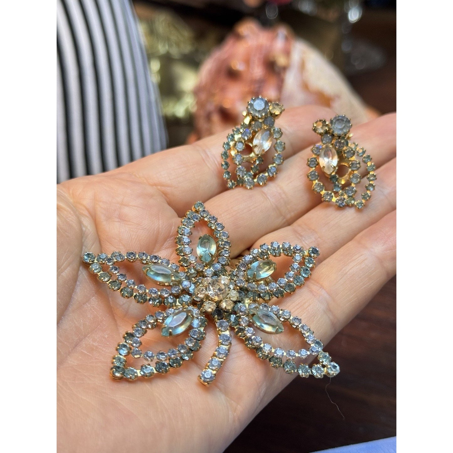 Vintage Rhinestone Brooch & Earring Set Blue Rhinestones Openwork Floral Design