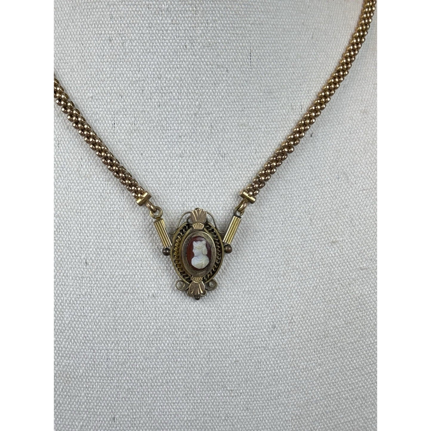 Antique Gold Filled Cameo Necklace Victorian Edwardian Ornate Filigree 18.5”