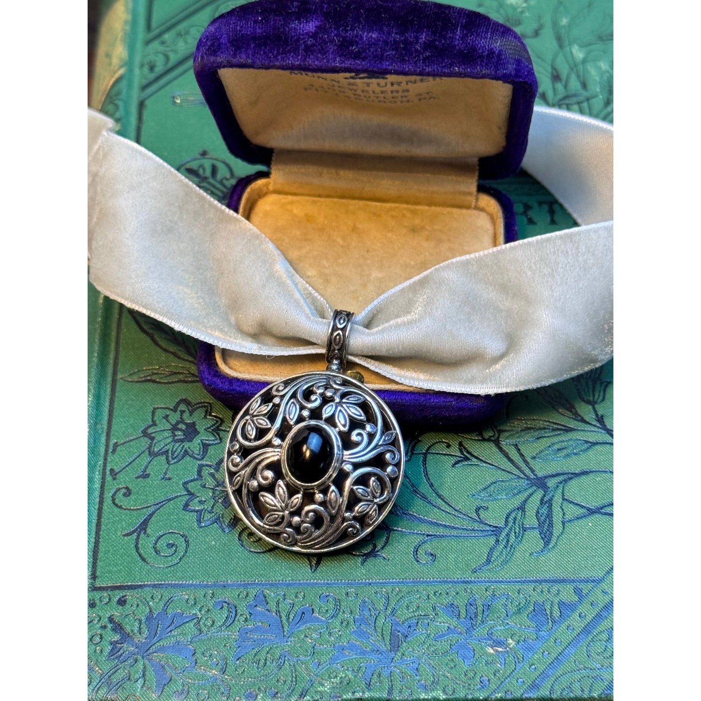 Sterling Silver Onyx Pendant Round Scrollwork Velvet Ribbon