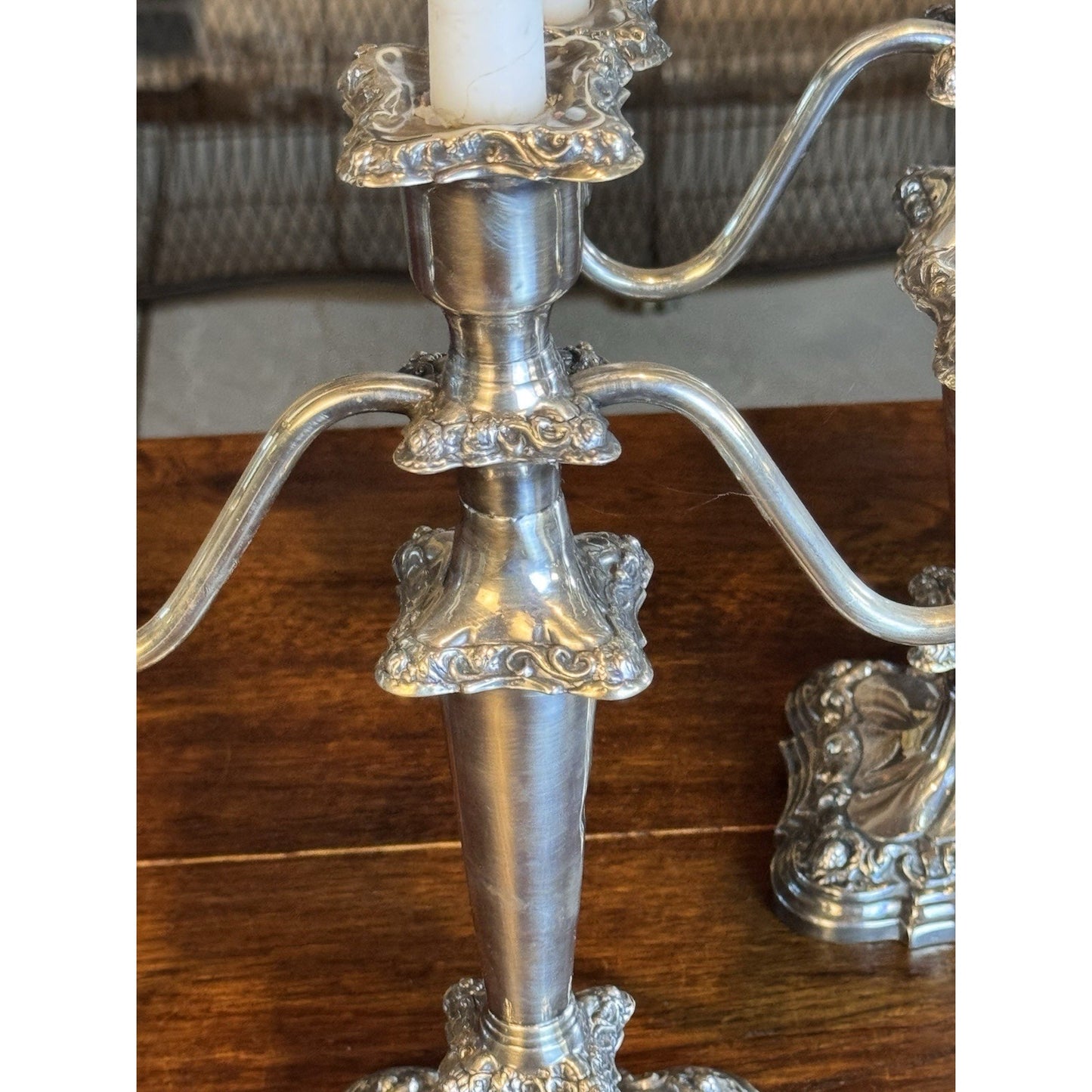 Silverplate Candelabra Pair Antique Repoussé 3-Light Ornate 12”h DENTS