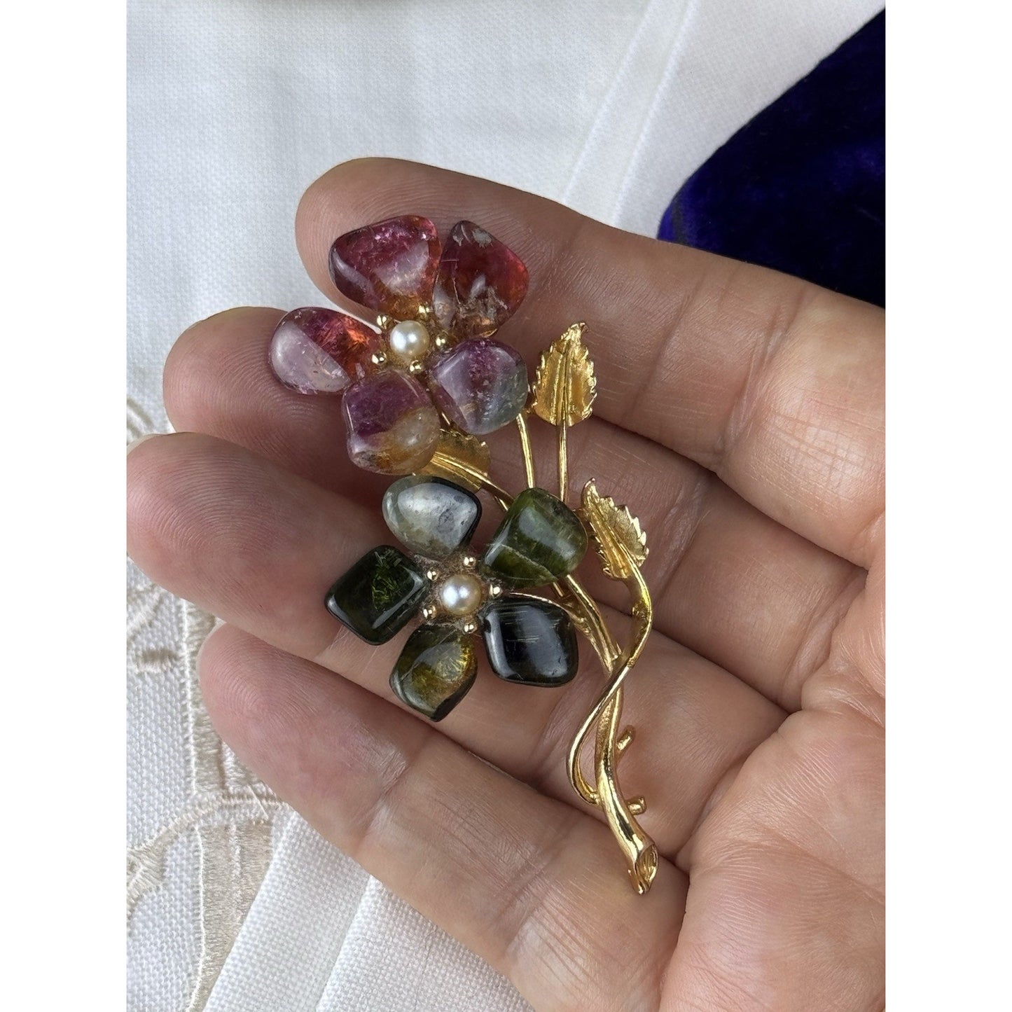 Vintage Pink Green Stone Floral Brooch Seed Pearl Goldtone 2.75” Estate Pin