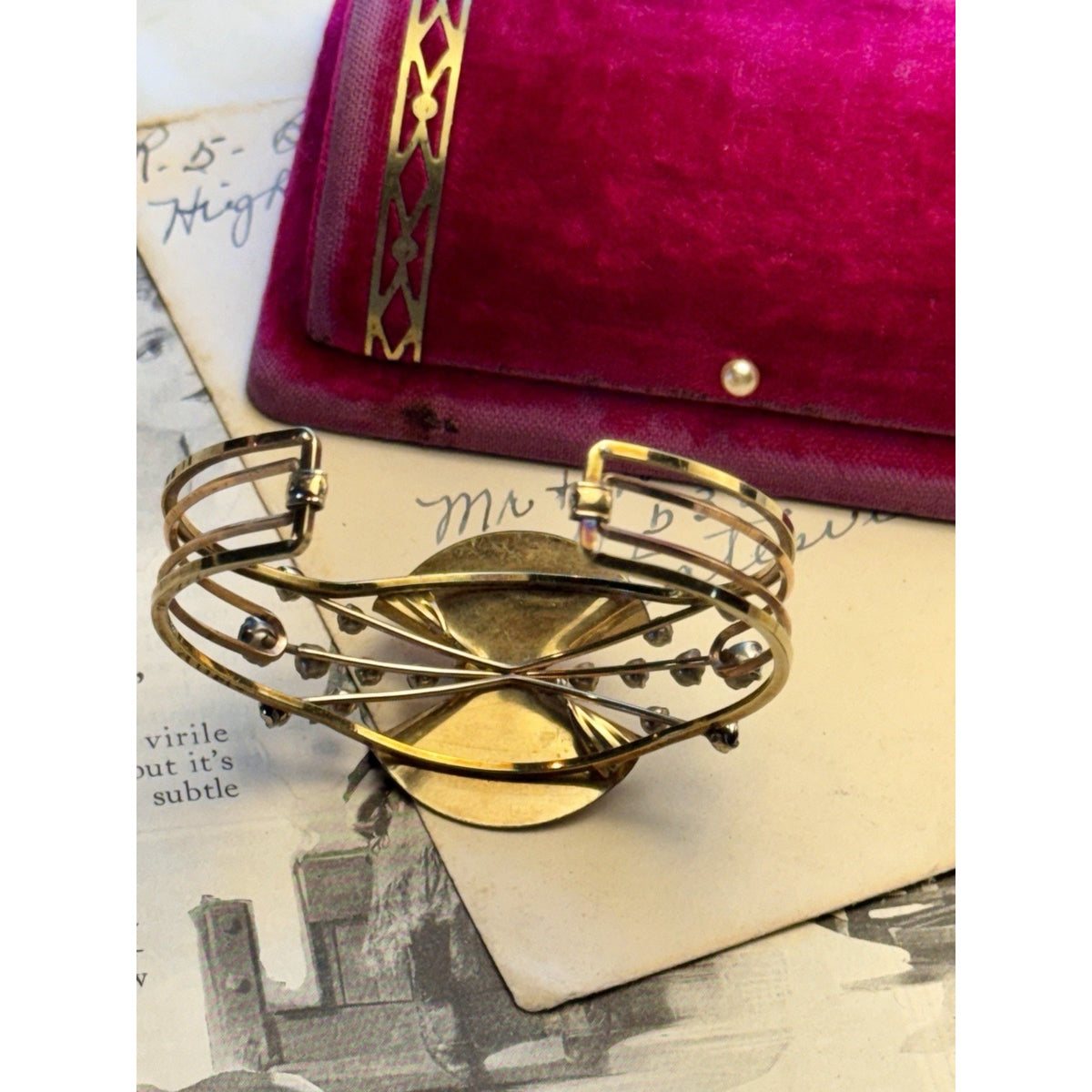 Krementz Cuff Bracelet Blue Rhinestone Goldtone Fan Mid Century Vintage 6.5”