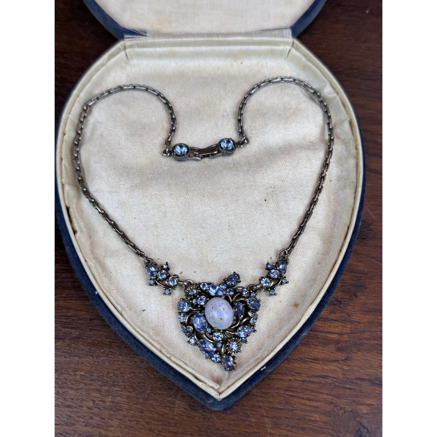Vintage Hollycraft Necklace 1951 Blue Rhinestone Heart Easter Egg Silvertone 16”