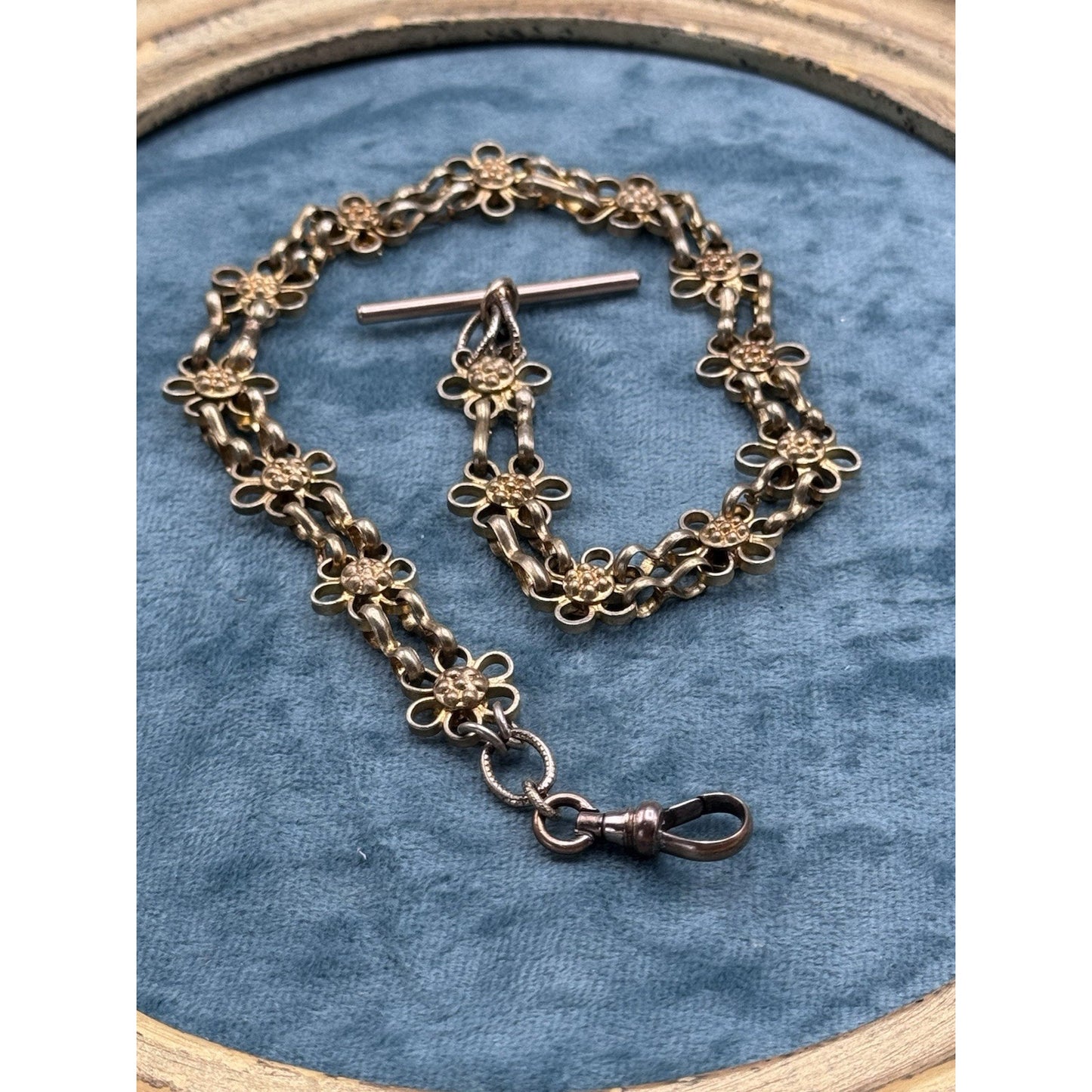 Antique Victorian Floral Link Watch Chain Rose Gold Filled T Bar Dog Clip