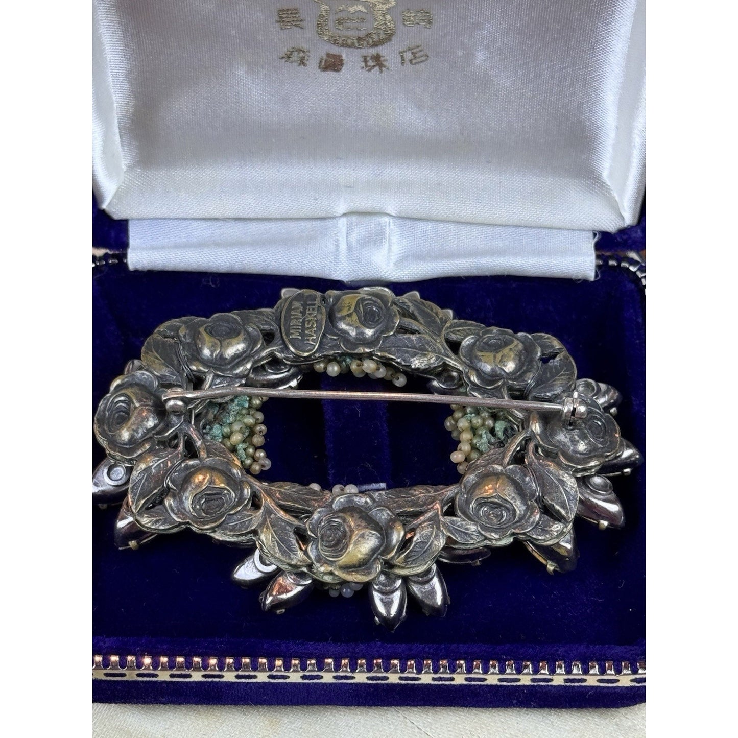 VTG Miriam Haskell Brooch Rhinestone Seed Pearl Floral Wreath Signed 3” READ‼️