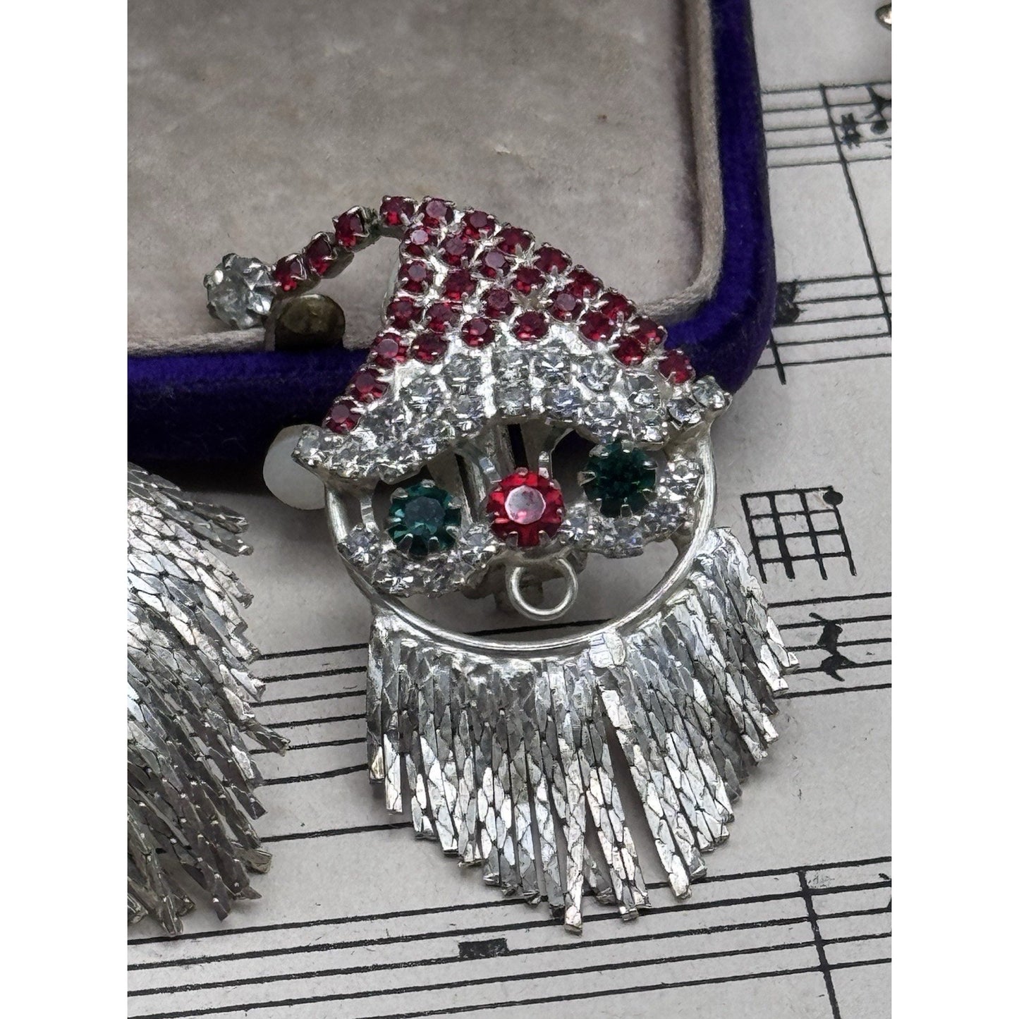 Vintage Santa Clip On Earrings Red Green Clear Rhinestone Fringe Beard