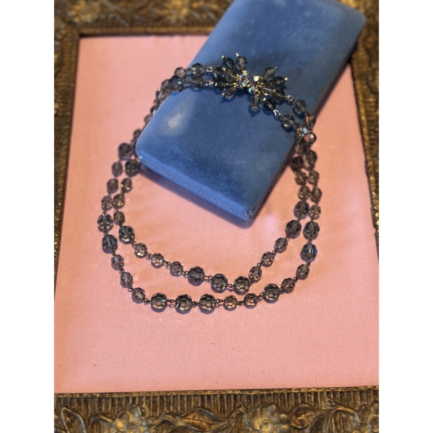 Vintage Austrian Crystal Bead Necklace Signed Gray Blue Faceted Beads 16”