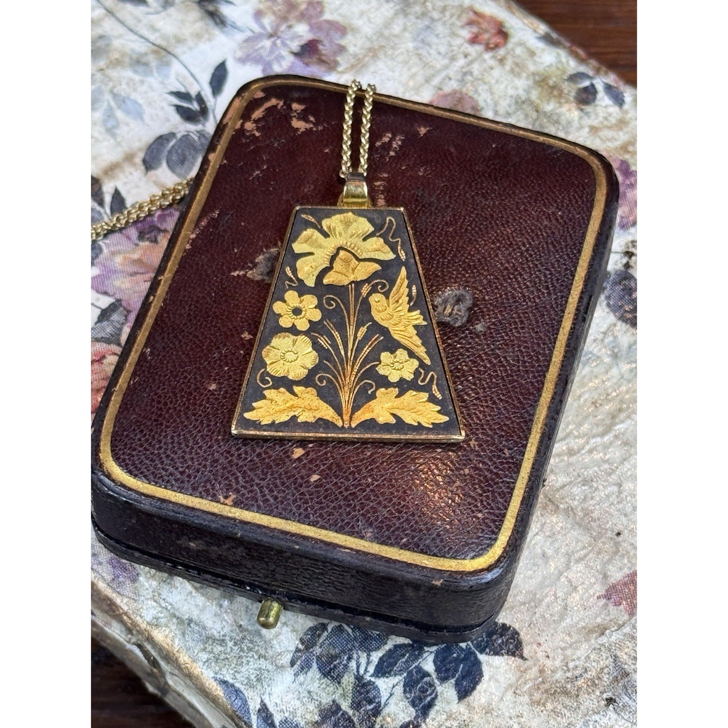 Vintage Damascene Bird Flower Pendant Necklace Gold Filled Chain 18”