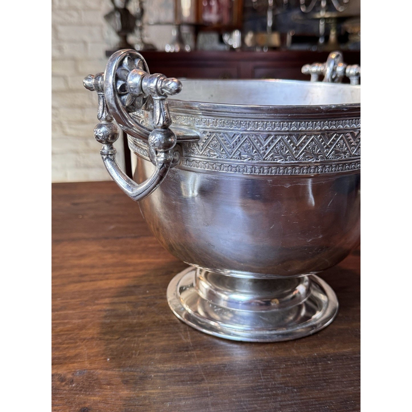 Antique Silver-plate Wine Cooler Champagne Bucket Neoclassical Footed Urn Planter Handles 13.25”