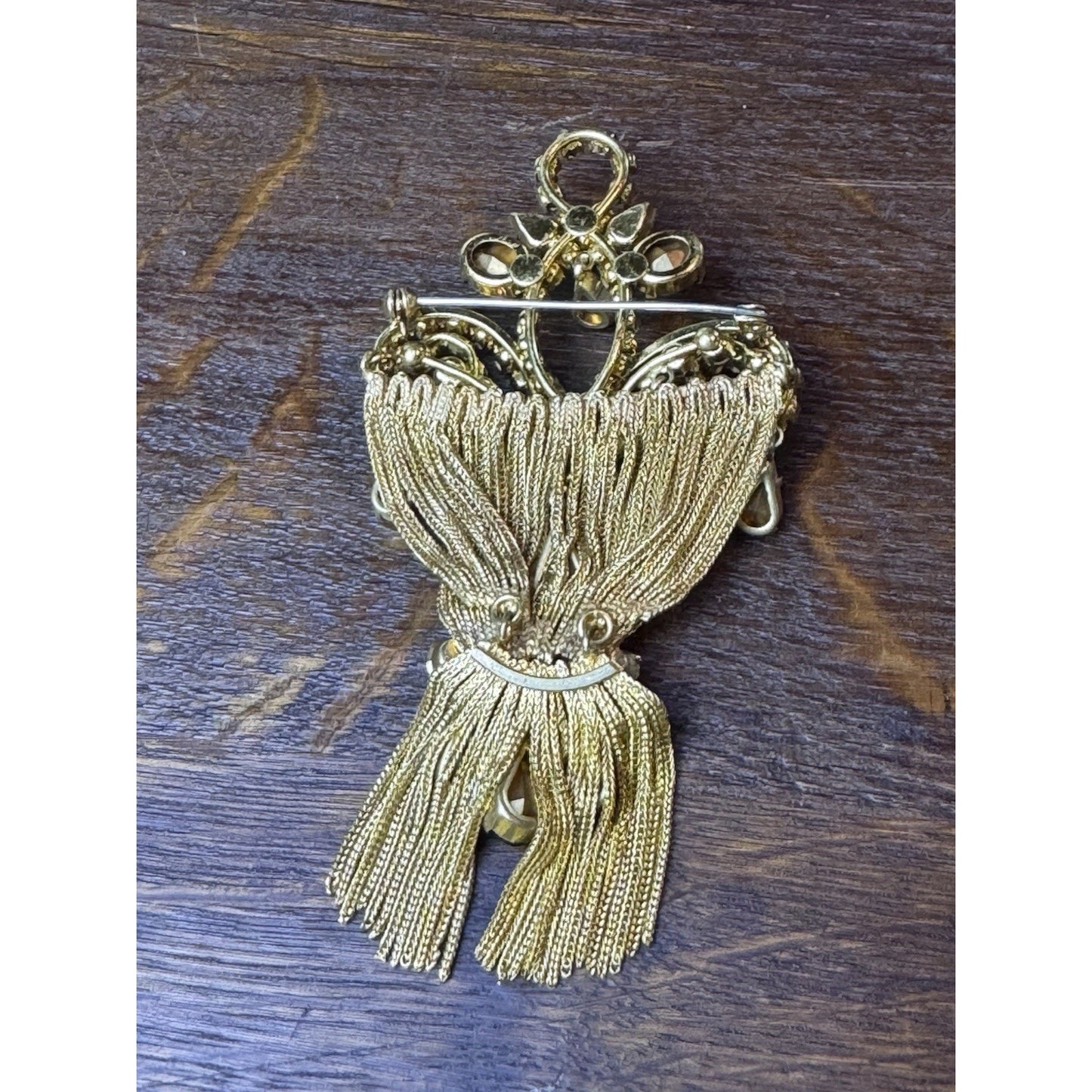 Vintage Blue Rhinestone Tassel Brooch Goldtone Statement Pin 4” Fringe