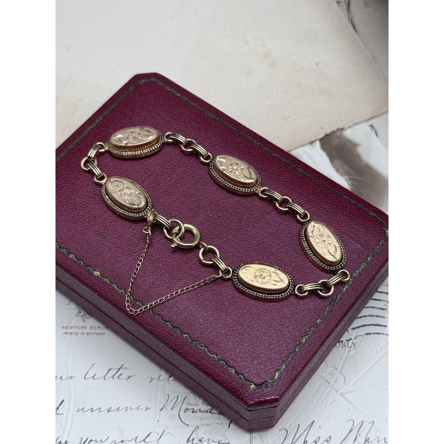 Vintage Gold Filled Floral Link Bracelet Victorian Style Safety Chain 7”