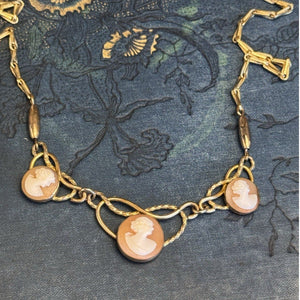 Cameo Necklace Three Portraits Goldtone Openwork Links Vintage Romantic 19”