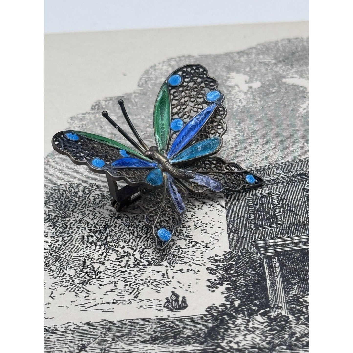 800 Silver Butterfly Brooch Filigree Enamel Blue Green 1.75” Estate VINTAGE