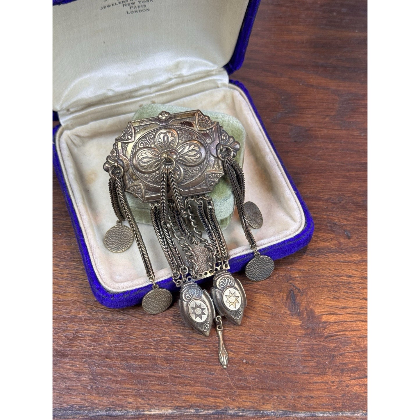 Vintage Chatelaine Brooch Brass Tone Ornate Victorian Revival Dangle Tassel