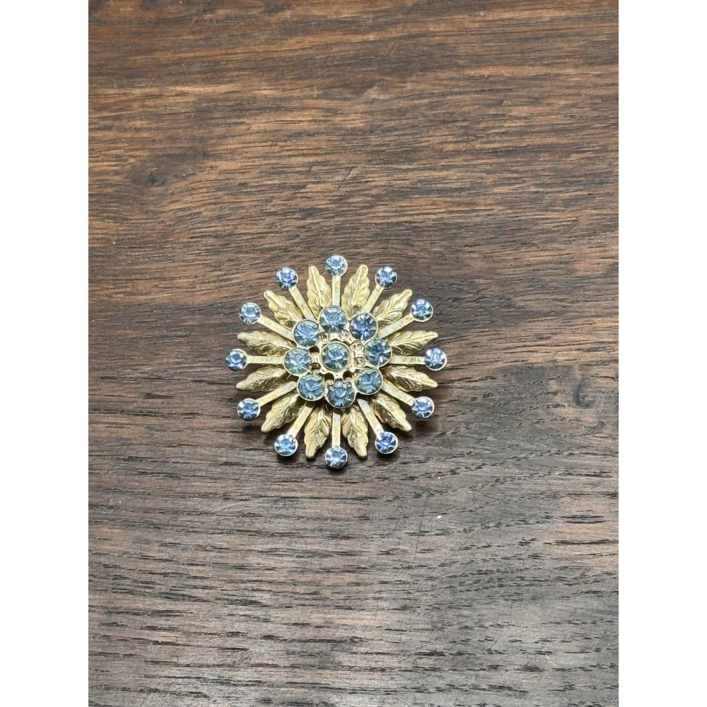 Vintage Brooch Blue Rhinestone Goldtone Floral Sunburst Statement Pin 1.5”