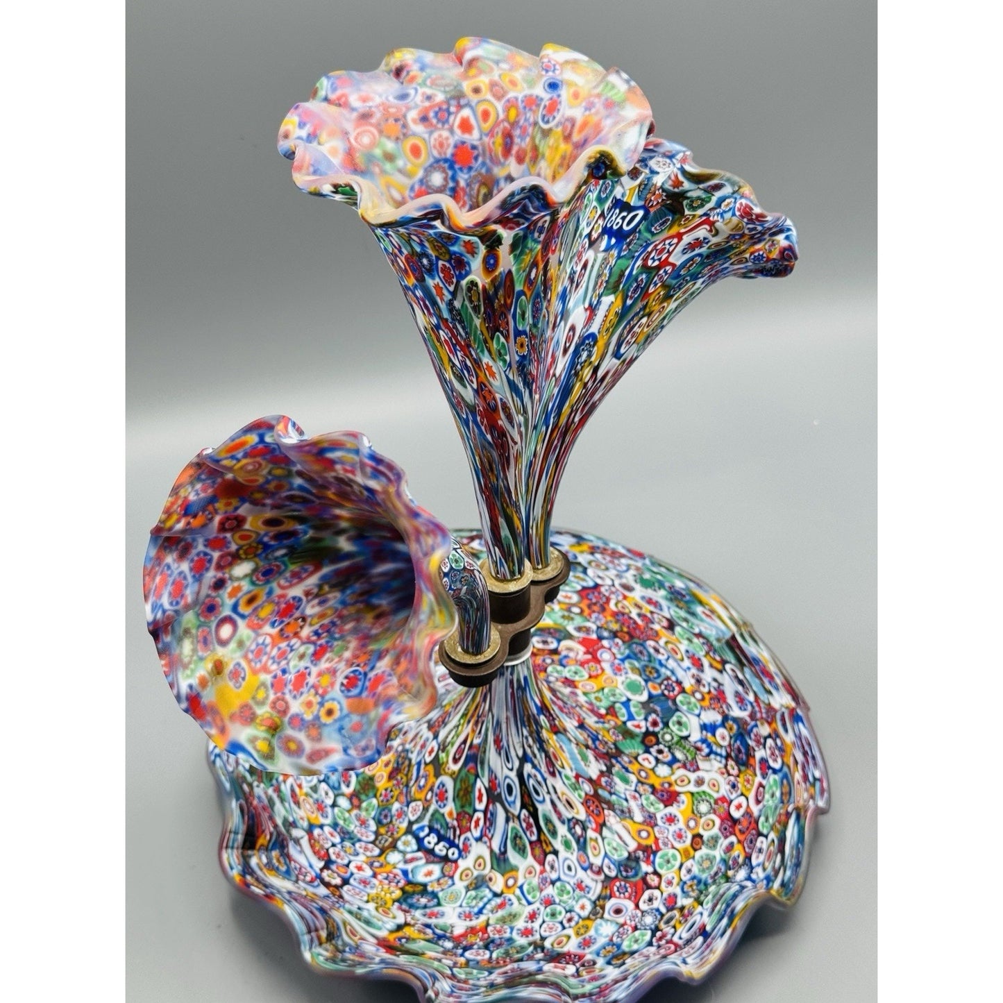 Murano Millefiori Epergne Art Glass 3 Horn Centerpiece Vase 1860 Cane 11.5”