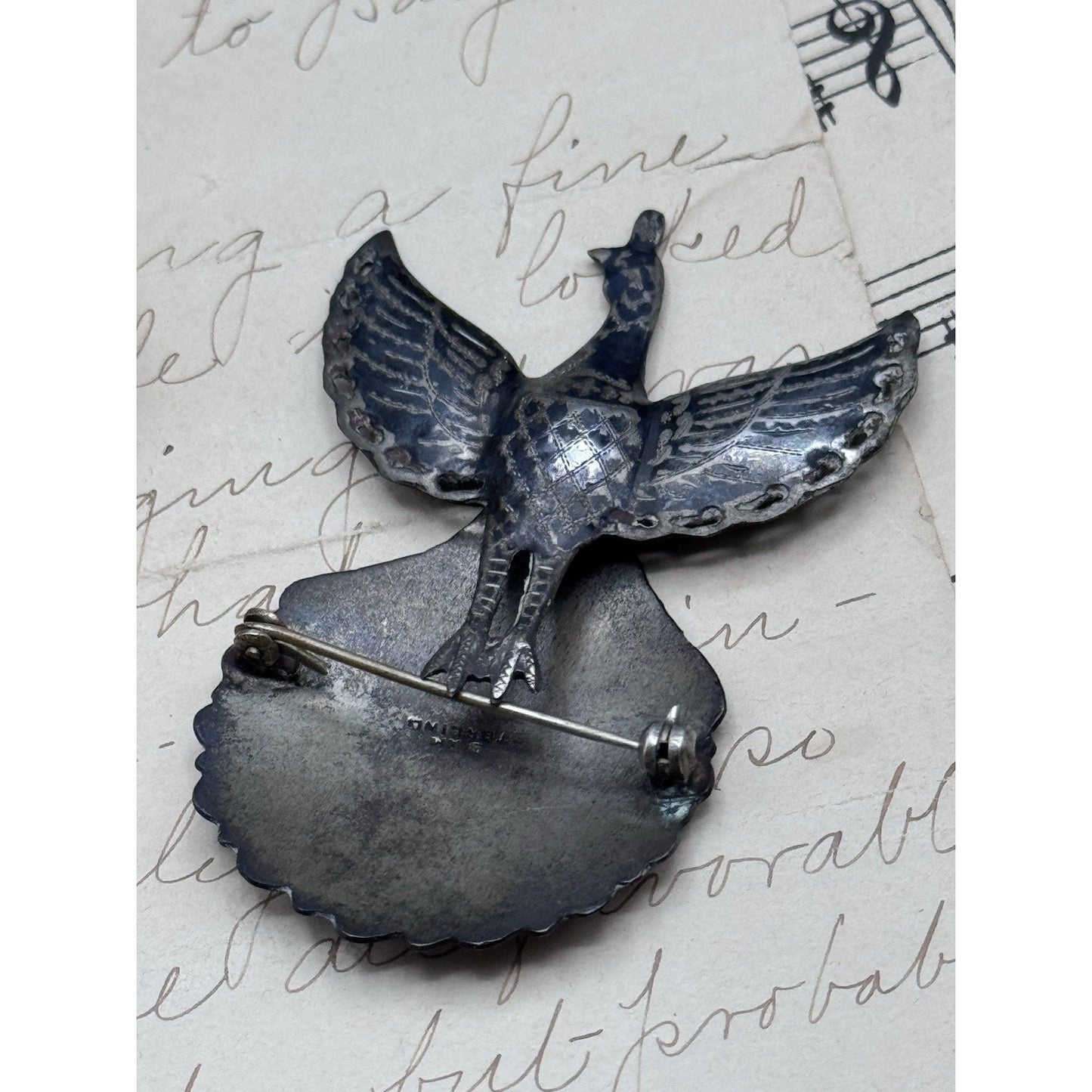 Vintage Siam Sterling Silver Peacock Brooch Articulated Niello Thailand