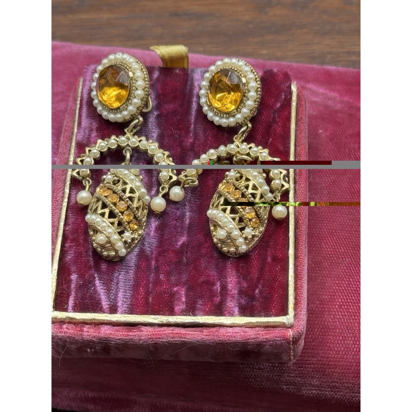 Vintage Clip-On Earrings Faux Pearl Amber Rhinestone Dangle Goldtone 2.5”