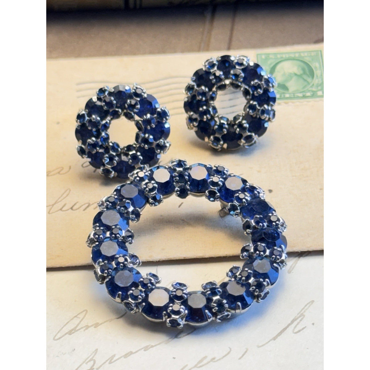 Vintage Warner Blue Rhinestone Brooch Clip On Earrings Set Signed 1.75”