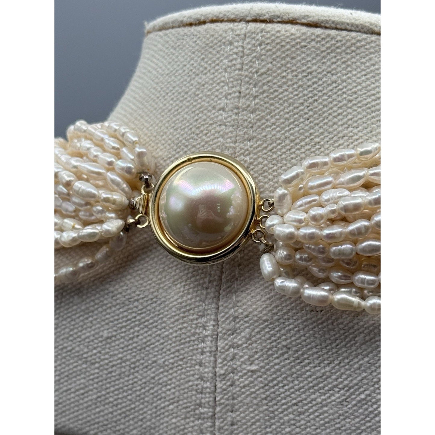 Natural Freshwater Pearl Necklace 19” Multi Strand Rice Pearl Goldtone Clasp