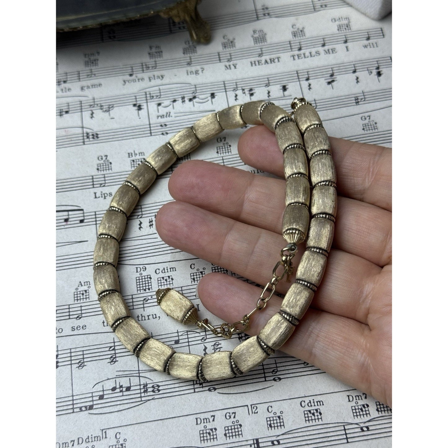 Vintage Trifari Goldtone Beaded Choker Necklace Brushed Finish 15.5” Signed