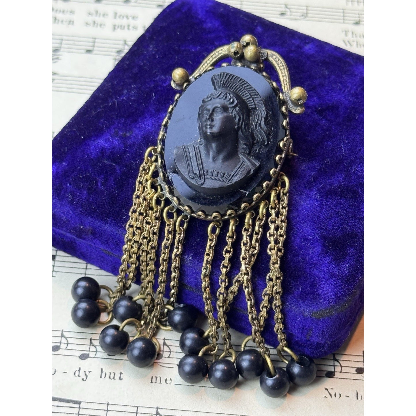 Black Cameo Brooch B Blumenthal & Co Goldtone Dangle Fringe 3.75” DAMAGED!
