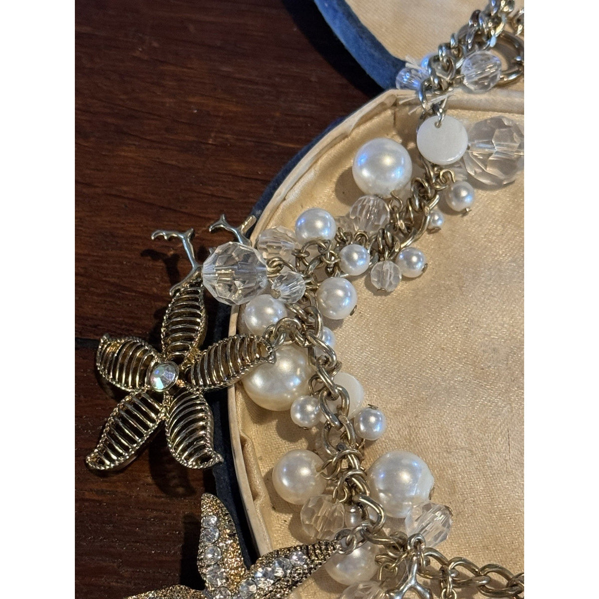 Goldtone Ocean Charm Necklace Starfish Faux Pearl Crystal Statement 19.5”