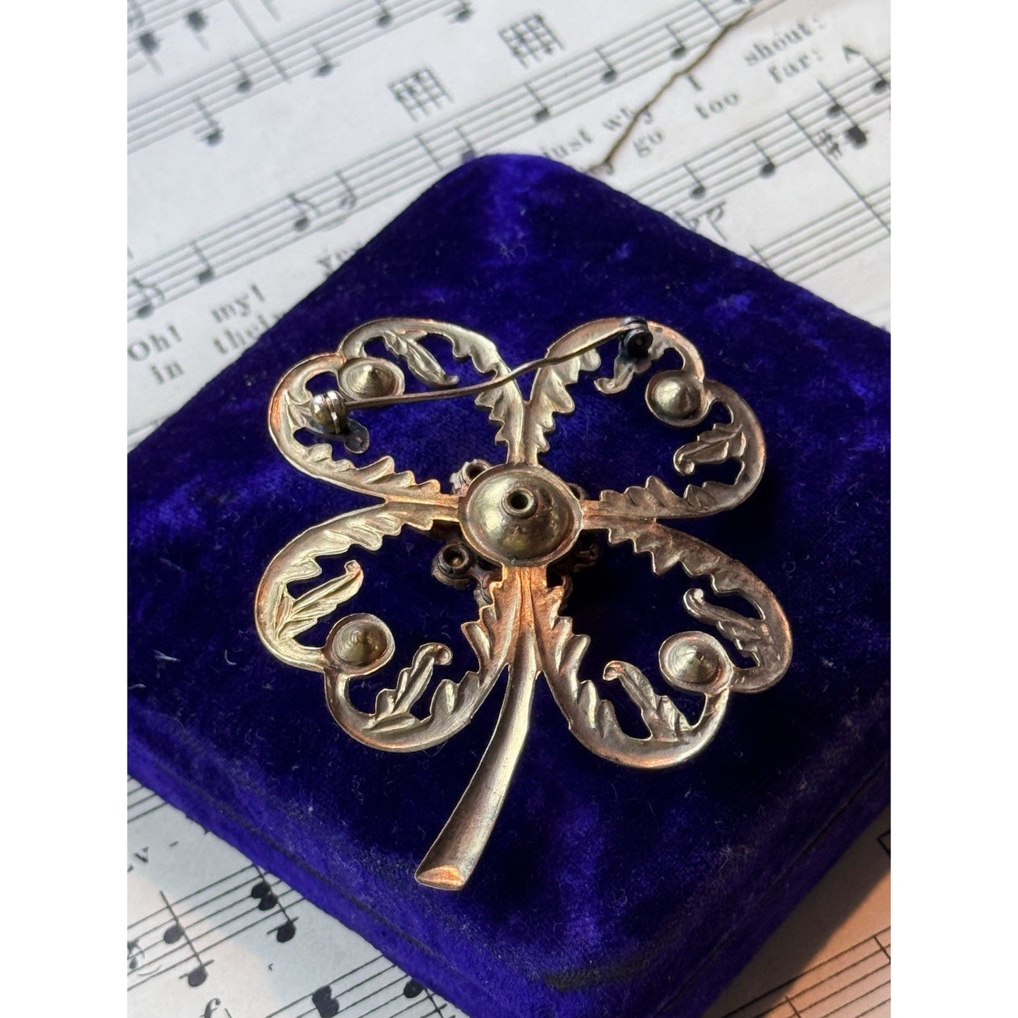 Vintage Clover Brooch 2.75” Goldtone Rhinestone Four Leaf Good Luck Jewelry