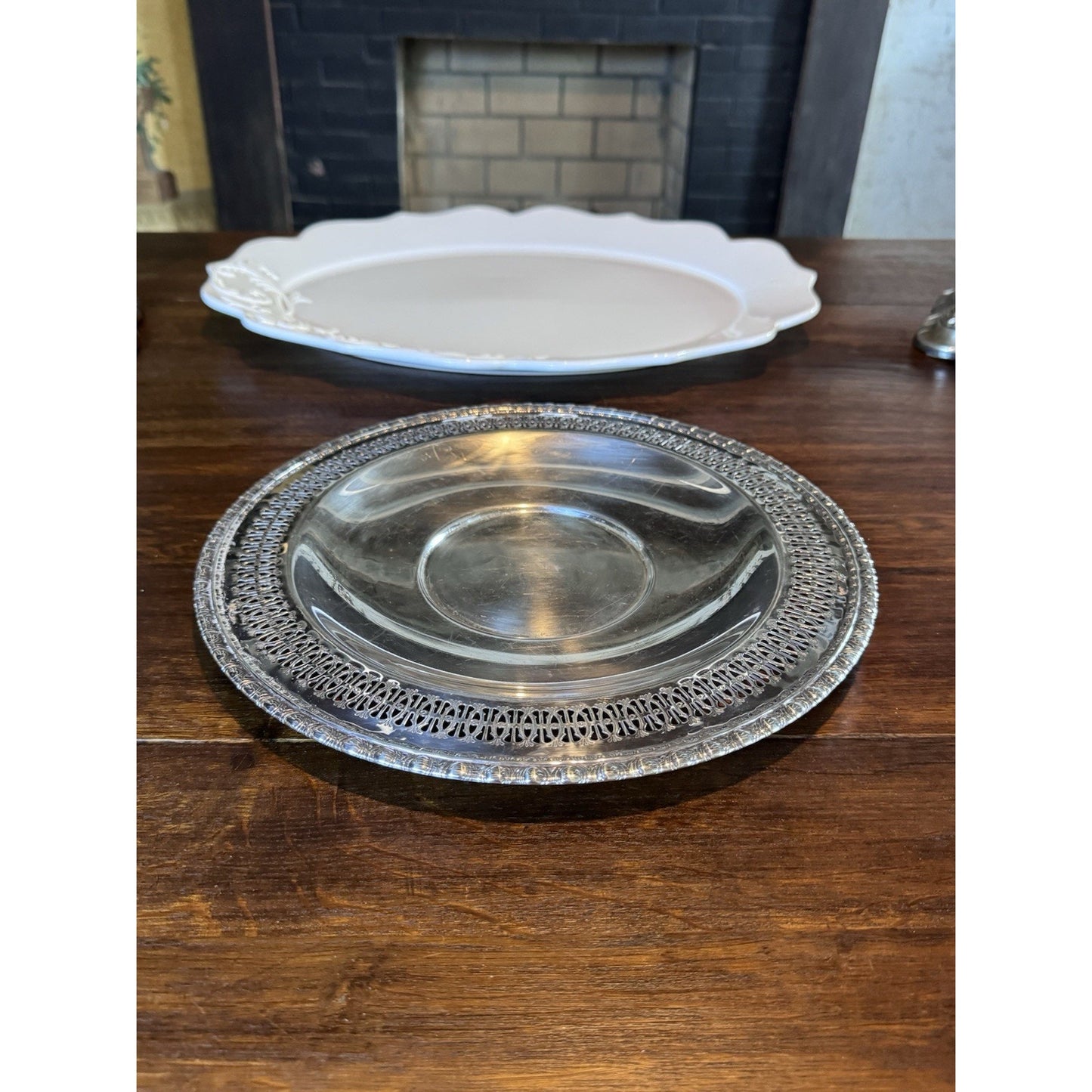 Silverplate Relish Dish Rogers Bros Reticulated Bowl w Antique Glass Insert 9”