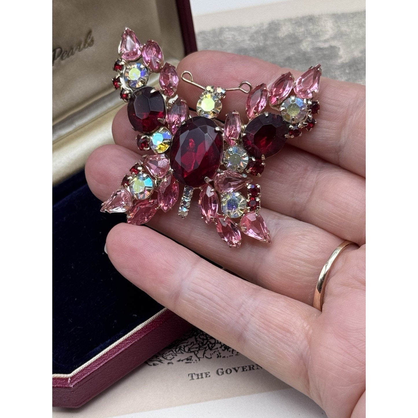 Vintage Butterfly Brooch Pink Red Rhinestone AB Crystal Goldtone Figural 2”